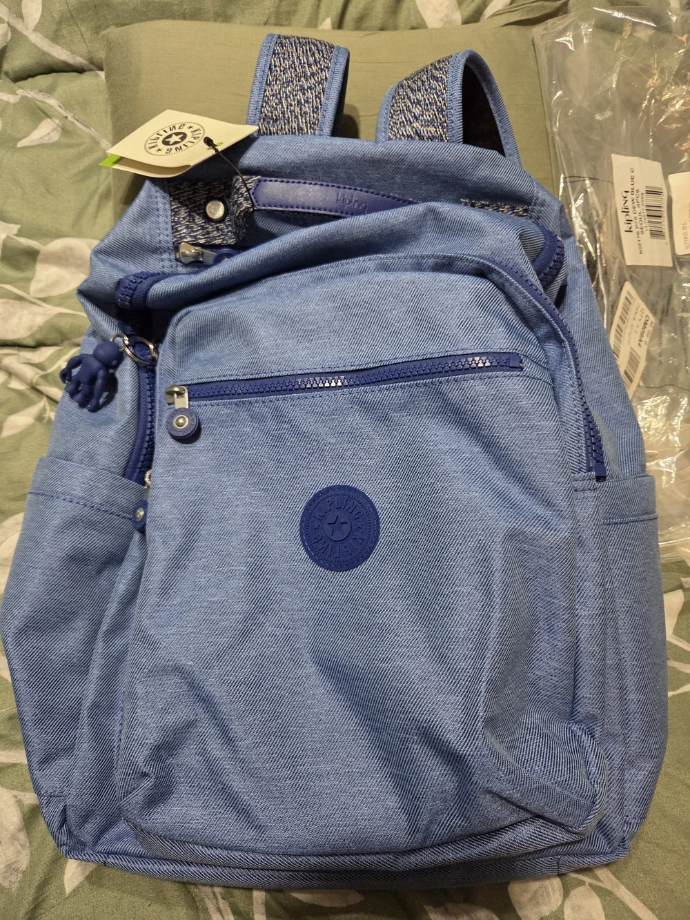 Kipling Seoul Large Dew Blue Backpack with Signature Monkey Charm